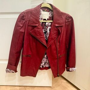 Anthropologie Deep Red Leather Jacket with Floral Lining